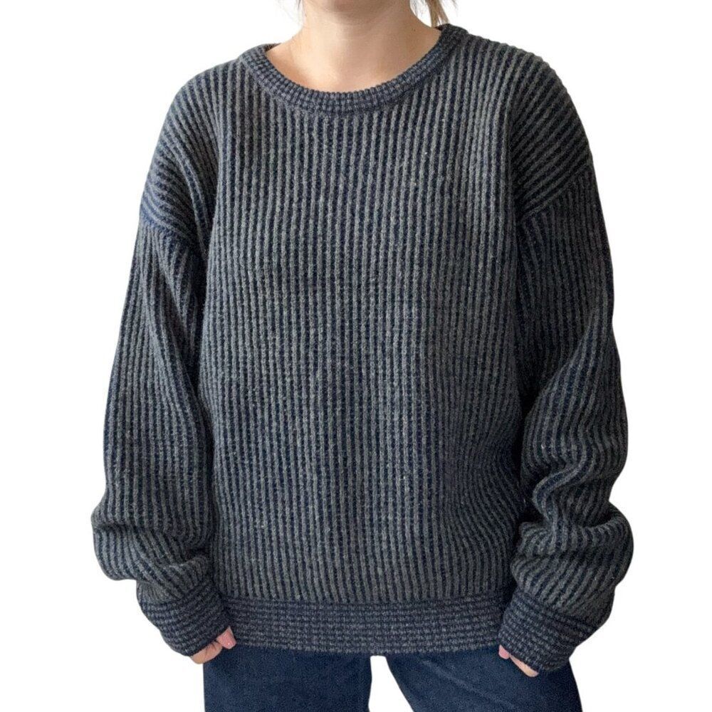 Vintage Mens Navy Blue Gray Ribbed 100% Wool Oversized Crew Neck Sweater Sz 1XL